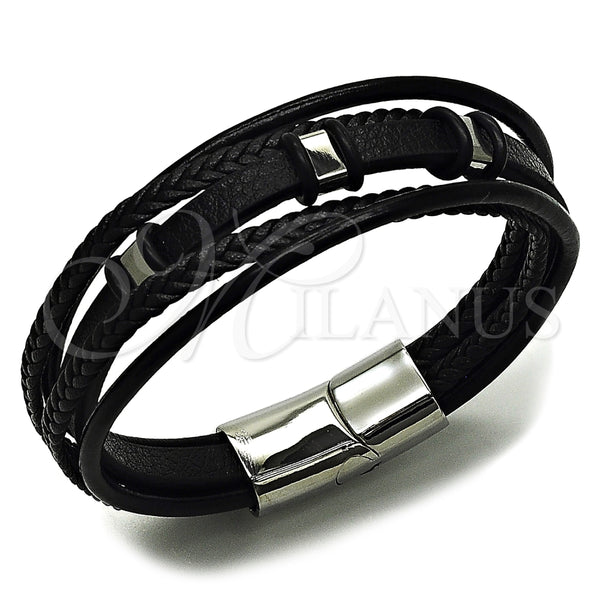 Pulsera Elegante 03.462.0004.09 Acero Inoxidable, Cuero Negro, Tono Plateado (Grosor 25 MM, 9 Pulgadas de Largo)