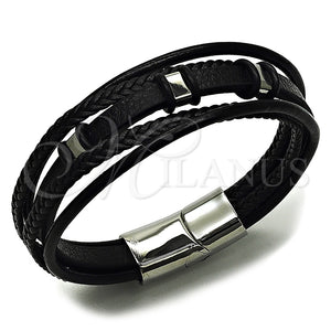 Pulsera Elegante 03.462.0004.09 Acero Inoxidable, Cuero Negro, Tono Plateado (Grosor 25 MM, 9 Pulgadas de Largo)