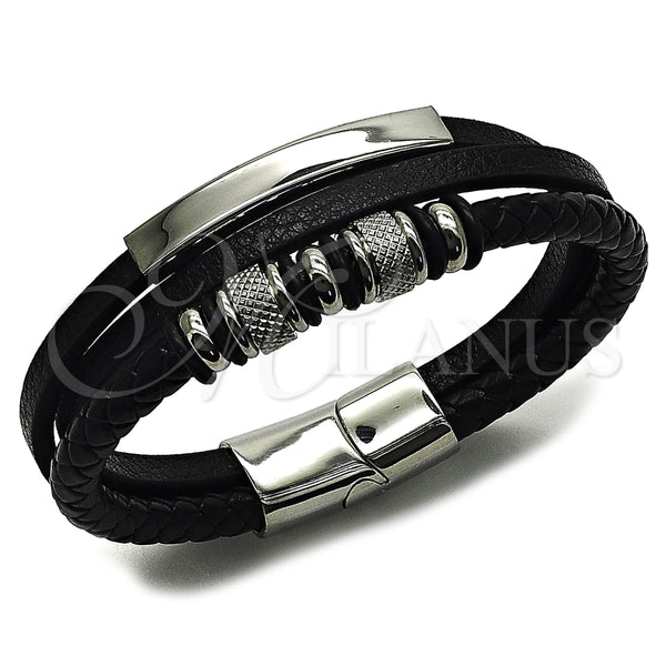 Pulsera Elegante 03.462.0006.09 Acero Inoxidable, Cuero Negro, Tono Plateado (Grosor 22 MM, 9 Pulgadas de Largo)