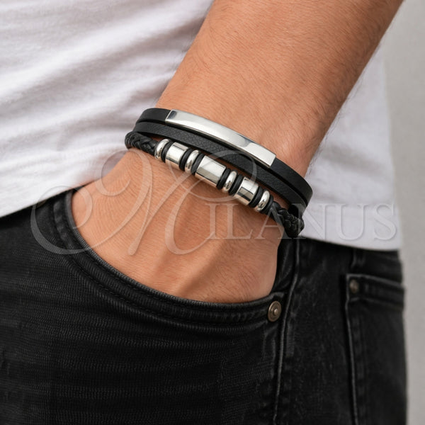 Pulsera Elegante 03.462.0007.09 Acero Inoxidable, Cuero Negro, Tono Plateado (Grosor 24 MM, 9 Pulgadas de Largo)