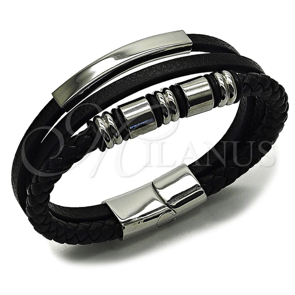 Pulsera Elegante 03.462.0007.09 Acero Inoxidable, Cuero Negro, Tono Plateado (Grosor 24 MM, 9 Pulgadas de Largo)