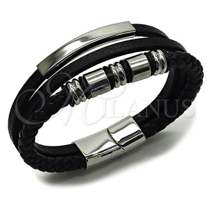 Pulsera Elegante 03.462.0007.09 Acero Inoxidable, Cuero Negro, Tono Plateado (Grosor 24 MM, 9 Pulgadas de Largo)