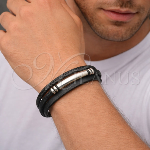 Pulsera Elegante 03.462.0008.09 Acero Inoxidable, Cuero Negro, Tono Plateado (Grosor 19 MM, 9 Pulgadas de Largo)
