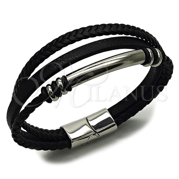Pulsera Elegante 03.462.0008.09 Acero Inoxidable, Cuero Negro, Tono Plateado (Grosor 19 MM, 9 Pulgadas de Largo)