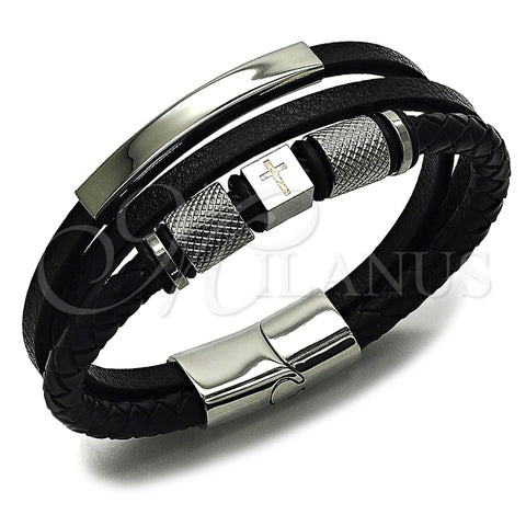 Pulsera Elegante 03.462.0009.09 Acero Inoxidable, Diseño de Cruz, Cuero Negro, Tono Plateado (Grosor 22 MM, 9 Pulgadas de Largo)