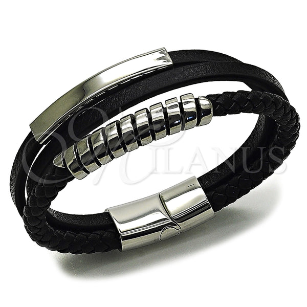 Pulsera Elegante 03.462.0010.09 Acero Inoxidable, Diseño de Torcido y Espiral, Cuero Negro, Tono Plateado (Grosor 21 MM, 9 Pulgadas de Largo)