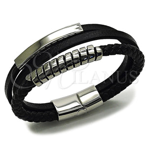 Pulsera Elegante 03.462.0010.09 Acero Inoxidable, Diseño de Torcido y Espiral, Cuero Negro, Tono Plateado (Grosor 21 MM, 9 Pulgadas de Largo)