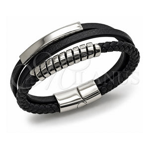 Pulsera Elegante 03.462.0010.09 Acero Inoxidable, Diseño de Torcido y Espiral, Cuero Negro, Tono Plateado (Grosor 21 MM, 9 Pulgadas de Largo)