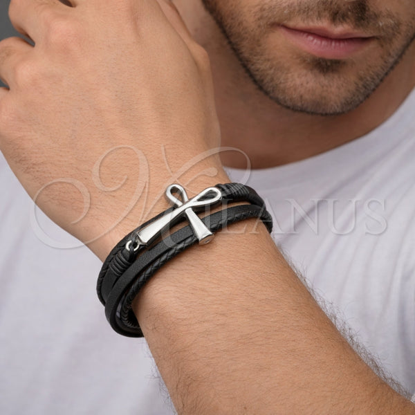 Pulsera Elegante 03.462.0011.09 Acero Inoxidable, Diseño de Cruz, Cuero Negro, Tono Plateado (Grosor 25 MM, 9 Pulgadas de Largo)