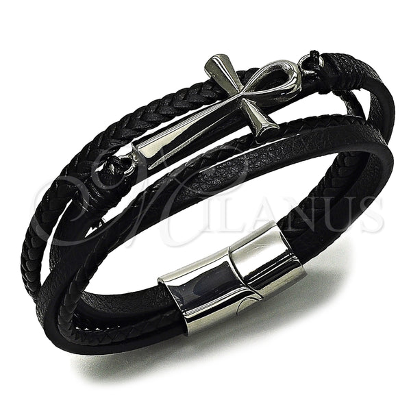 Pulsera Elegante 03.462.0011.09 Acero Inoxidable, Diseño de Cruz, Cuero Negro, Tono Plateado (Grosor 25 MM, 9 Pulgadas de Largo)