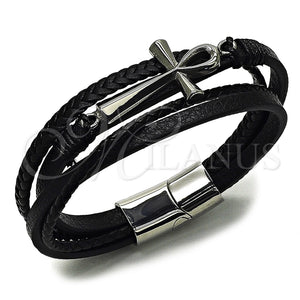 Pulsera Elegante 03.462.0011.09 Acero Inoxidable, Diseño de Cruz, Cuero Negro, Tono Plateado (Grosor 25 MM, 9 Pulgadas de Largo)