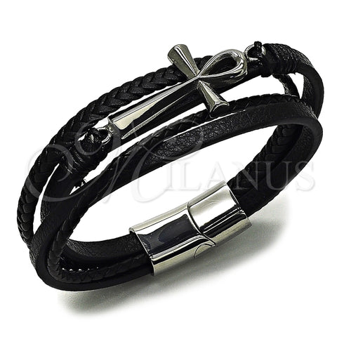 Pulsera Elegante 03.462.0011.09 Acero Inoxidable, Diseño de Cruz, Cuero Negro, Tono Plateado (Grosor 25 MM, 9 Pulgadas de Largo)