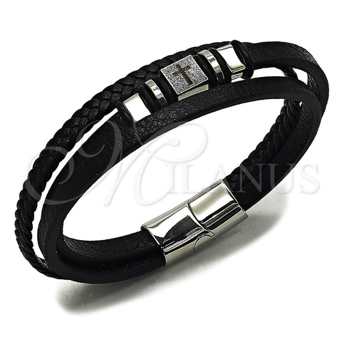 Pulsera Elegante 03.462.0012.09 Acero Inoxidable, Diseño de Cruz, Cuero Negro, Tono Plateado (Grosor 20 MM, 9 Pulgadas de Largo)