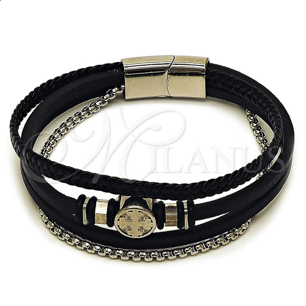 Pulsera Elegante 03.462.0013.09 Acero Inoxidable, Diseño de Cruz y Box, Cuero Negro, Tono Plateado (Grosor 22 MM, 9 Pulgadas de Largo)