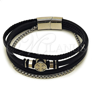 Pulsera Elegante 03.462.0013.09 Acero Inoxidable, Diseño de Cruz y Box, Cuero Negro, Tono Plateado (Grosor 22 MM, 9 Pulgadas de Largo)