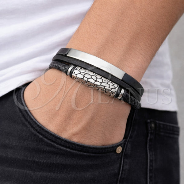 Pulsera Elegante 03.462.0015.09 Acero Inoxidable, Diseño de Con Nombre, Cuero Negro, Tono Plateado (Grosor 22 MM, 9 Pulgadas de Largo)