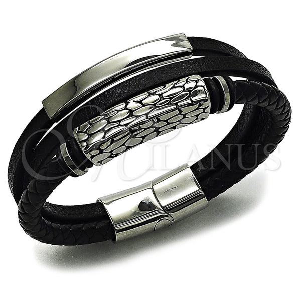 Pulsera Elegante 03.462.0015.09 Acero Inoxidable, Diseño de Con Nombre, Cuero Negro, Tono Plateado (Grosor 22 MM, 9 Pulgadas de Largo)
