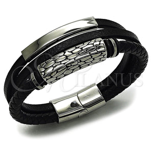 Pulsera Elegante 03.462.0015.09 Acero Inoxidable, Diseño de Con Nombre, Cuero Negro, Tono Plateado (Grosor 22 MM, 9 Pulgadas de Largo)