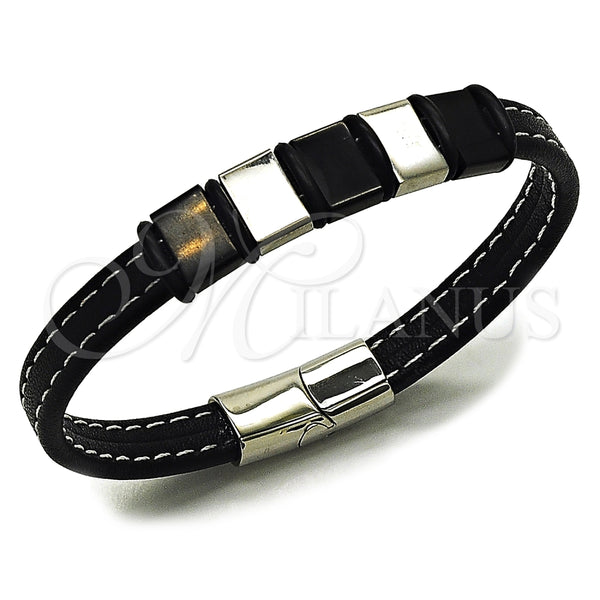 Pulsera Elegante 03.462.0016.09 Acero Inoxidable, Cuero Negro, Tono Plateado (Grosor 11 MM, 9 Pulgadas de Largo)