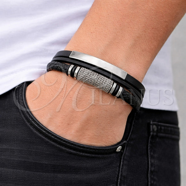 Pulsera Elegante 03.462.0017.09 Acero Inoxidable, Diseño de Con Nombre y Miami Cubana, Cuero Negro, Tono Plateado (Grosor 22 MM, 90 Pulgadas de Largo)