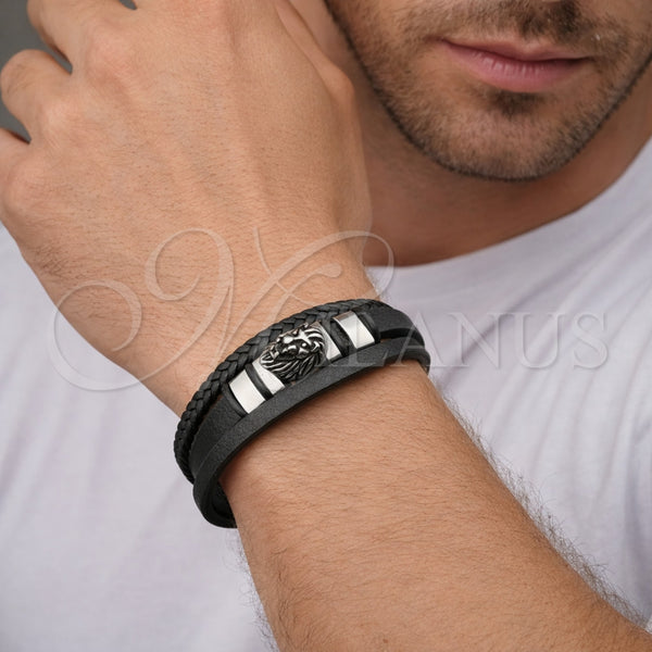 Pulsera Elegante 03.462.0018.09 Acero Inoxidable, Diseño de Leon, Cuero Negro, Tono Plateado (Grosor 24 MM, 9 Pulgadas de Largo)