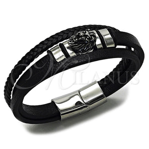 Pulsera Elegante 03.462.0018.09 Acero Inoxidable, Diseño de Leon, Cuero Negro, Tono Plateado (Grosor 24 MM, 9 Pulgadas de Largo)