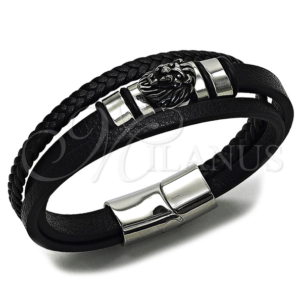Pulsera Elegante 03.462.0018.09 Acero Inoxidable, Diseño de Leon, Cuero Negro, Tono Plateado (Grosor 24 MM, 9 Pulgadas de Largo)
