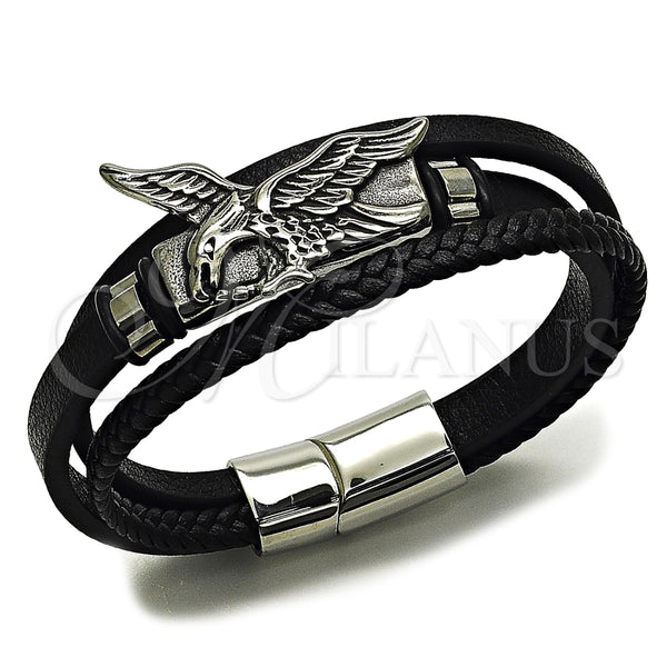 Pulsera Elegante 03.462.0019.09 Acero Inoxidable, Diseño de Águila, Cuero Negro, Tono Plateado (Grosor 30 MM, 9 Pulgadas de Largo)