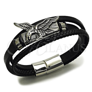 Pulsera Elegante 03.462.0019.09 Acero Inoxidable, Diseño de Águila, Cuero Negro, Tono Plateado (Grosor 30 MM, 9 Pulgadas de Largo)