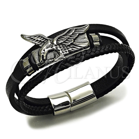 Pulsera Elegante 03.462.0019.09 Acero Inoxidable, Diseño de Águila, Cuero Negro, Tono Plateado (Grosor 30 MM, 9 Pulgadas de Largo)