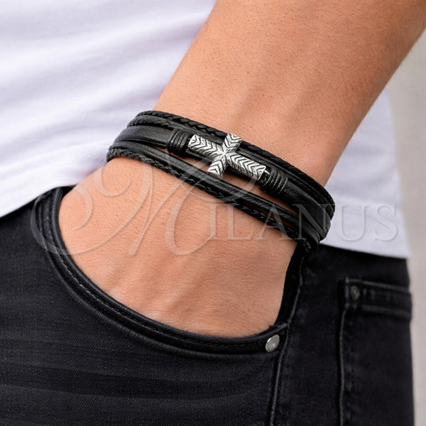 Pulsera Elegante 03.462.0020.09 Acero Inoxidable, Diseño de Cruz, Cuero Negro, Tono Plateado (Grosor 23 MM, 9 Pulgadas de Largo)