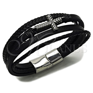 Pulsera Elegante 03.462.0020.09 Acero Inoxidable, Diseño de Cruz, Cuero Negro, Tono Plateado (Grosor 23 MM, 9 Pulgadas de Largo)