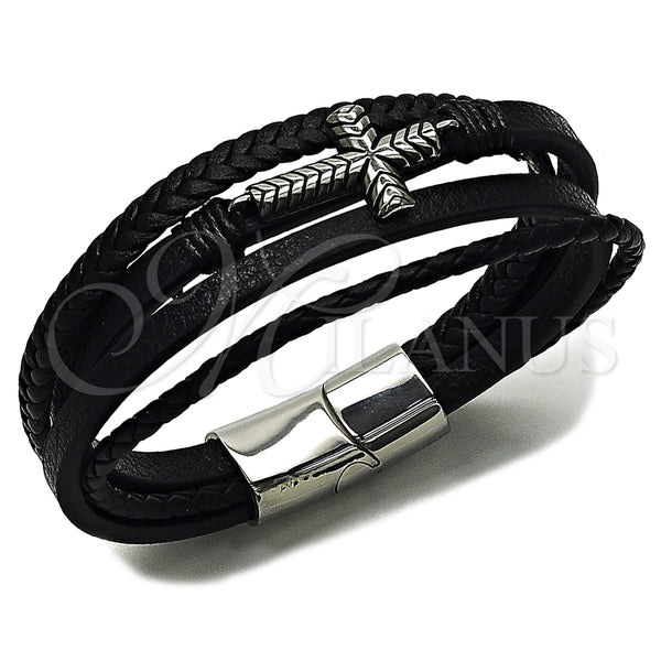 Pulsera Elegante 03.462.0020.09 Acero Inoxidable, Diseño de Cruz, Cuero Negro, Tono Plateado (Grosor 23 MM, 9 Pulgadas de Largo)