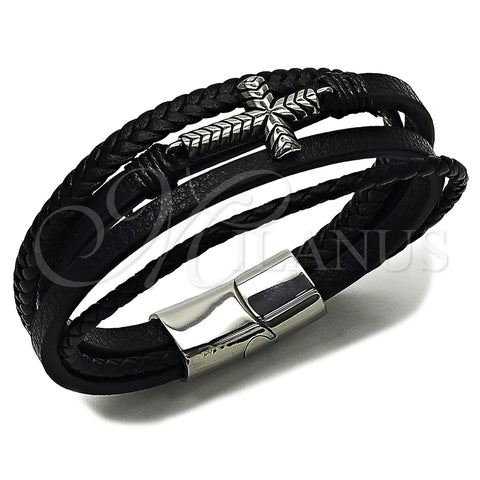 Pulsera Elegante 03.462.0020.09 Acero Inoxidable, Diseño de Cruz, Cuero Negro, Tono Plateado (Grosor 23 MM, 9 Pulgadas de Largo)