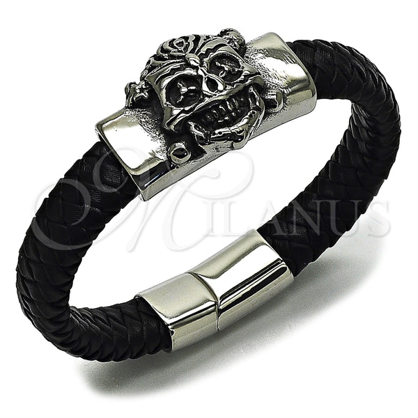 Pulsera Elegante 03.462.0021.09 Acero Inoxidable, Diseño de Calavera, Cuero Negro, Tono Plateado (Grosor 25 MM, 9 Pulgadas de Largo)