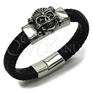Pulsera Elegante 03.462.0021.09 Acero Inoxidable, Diseño de Calavera, Cuero Negro, Tono Plateado (Grosor 25 MM, 9 Pulgadas de Largo)