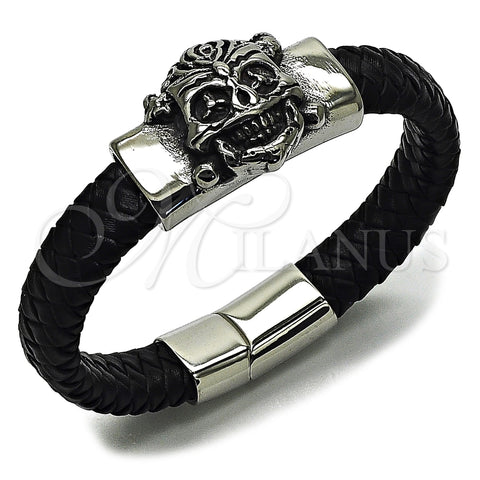 Pulsera Elegante 03.462.0021.09 Acero Inoxidable, Diseño de Calavera, Cuero Negro, Tono Plateado (Grosor 25 MM, 9 Pulgadas de Largo)