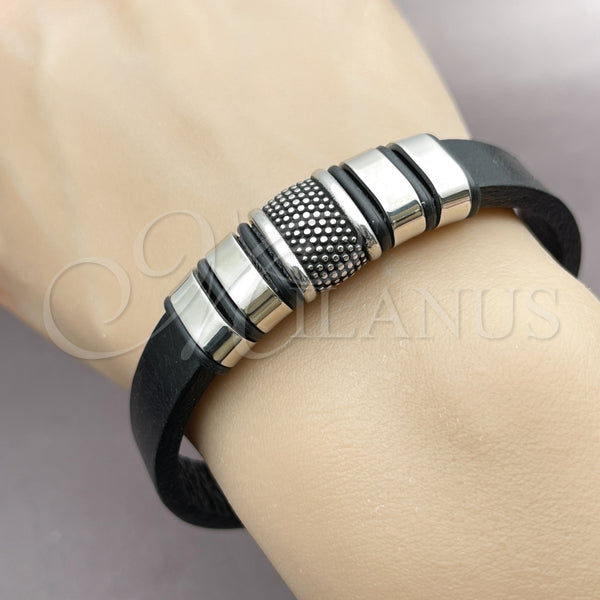 Pulsera Elegante 03.462.0022.09 Acero Inoxidable, Cuero Negro, Tono Plateado (Grosor 16.2 MM, 9 Pulgadas de Largo)