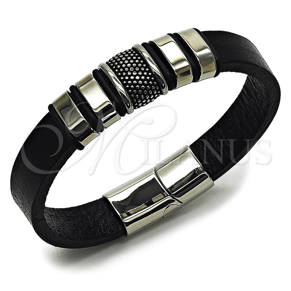 Pulsera Elegante 03.462.0022.09 Acero Inoxidable, Cuero Negro, Tono Plateado (Grosor 16.2 MM, 9 Pulgadas de Largo)