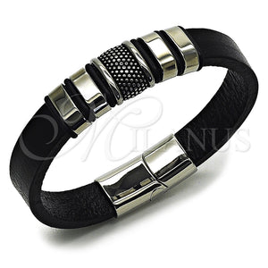 Pulsera Elegante 03.462.0022.09 Acero Inoxidable, Cuero Negro, Tono Plateado (Grosor 16.2 MM, 9 Pulgadas de Largo)
