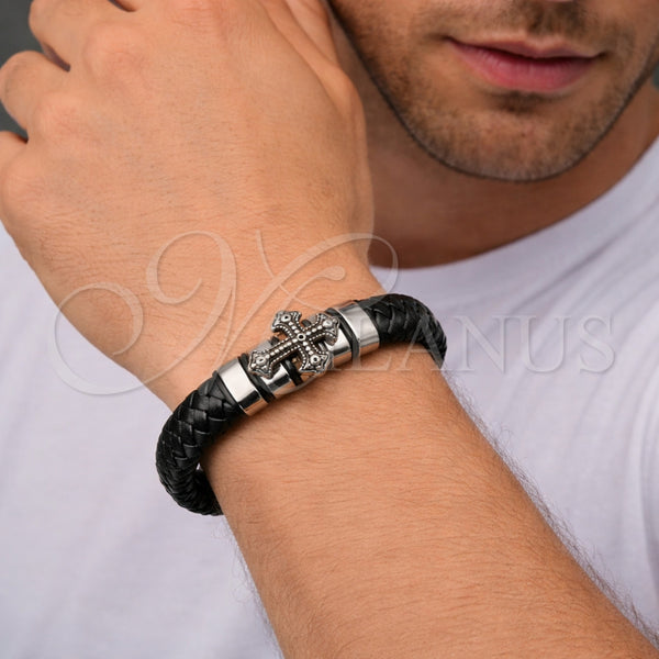 Pulsera Elegante 03.462.0023.09 Acero Inoxidable, Diseño de Cruz, Cuero Negro, Tono Plateado (Grosor 18 MM, 9 Pulgadas de Largo)