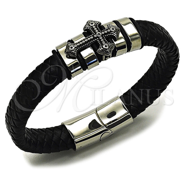 Pulsera Elegante 03.462.0023.09 Acero Inoxidable, Diseño de Cruz, Cuero Negro, Tono Plateado (Grosor 18 MM, 9 Pulgadas de Largo)