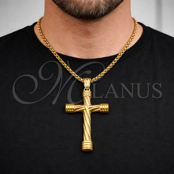Collares con Dije 04.461.0003.1.24 Acero Inoxidable, Diseño de Box y Cruz, Pulido, Tono Dorado (Grosor 03 MM, 24 Pulgadas de Largo)
