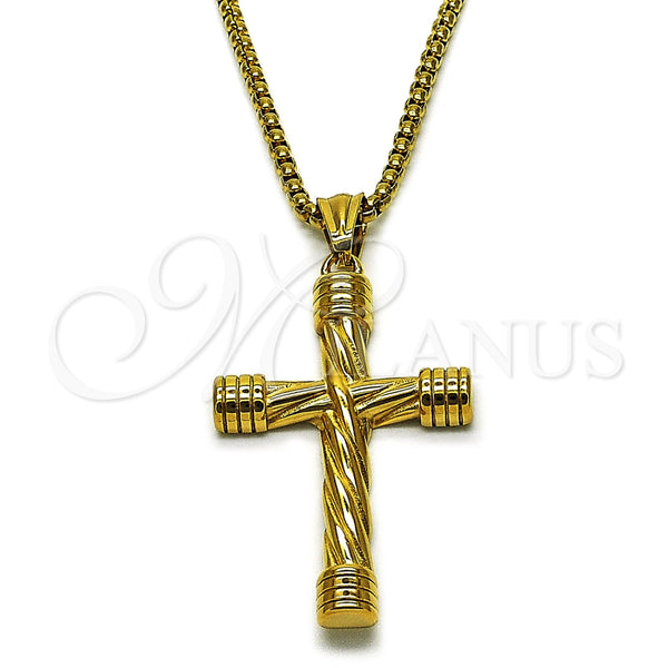 Collares con Dije 04.461.0003.1.24 Acero Inoxidable, Diseño de Box y Cruz, Pulido, Tono Dorado (Grosor 03 MM, 24 Pulgadas de Largo)