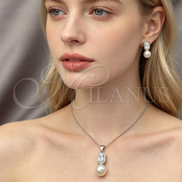 Juego de Arete y Dije de Adulto 10.156.0470.1 Rodio Laminado, Diseño de Bola y Cluster, con Zirconia Cubica Blanca y Perla Marfil, Pulido, Rodinado