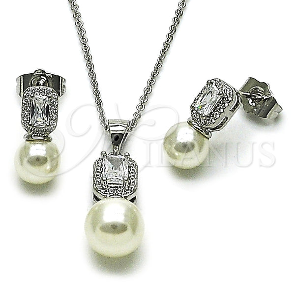 Juego de Arete y Dije de Adulto 10.156.0470.1 Rodio Laminado, Diseño de Bola y Cluster, con Zirconia Cubica Blanca y Perla Marfil, Pulido, Rodinado