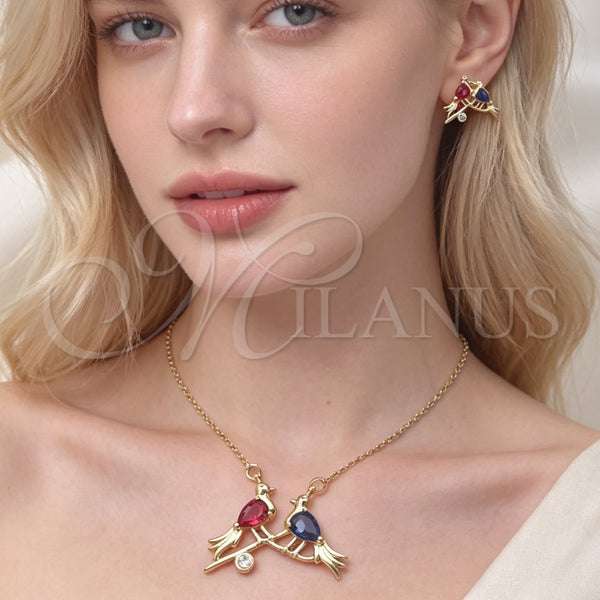 Juego de Arete y Dije de Adulto 10.156.0566 Oro Laminado, Diseño de Pajaro y Rolo, con Zirconia Cubica Rubi y Zafiro Azul, Pulido, Tono Dorado