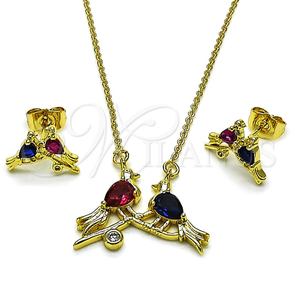 Juego de Arete y Dije de Adulto 10.156.0566 Oro Laminado, Diseño de Pajaro y Rolo, con Zirconia Cubica Rubi y Zafiro Azul, Pulido, Tono Dorado