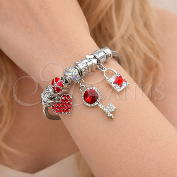 Aro Individual 07.463.0003.1 Acero Inoxidable, Diseño de Llave y Candado, con Cristal Aurore Boreale y Crystal, Esmaltado Rojo, Tono Plateado (Grosor 03 MM, Talla Unica)