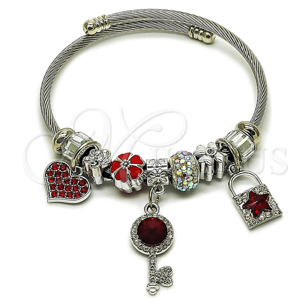 Aro Individual 07.463.0003.1 Acero Inoxidable, Diseño de Llave y Candado, con Cristal Aurore Boreale y Crystal, Esmaltado Rojo, Tono Plateado (Grosor 03 MM, Talla Unica)